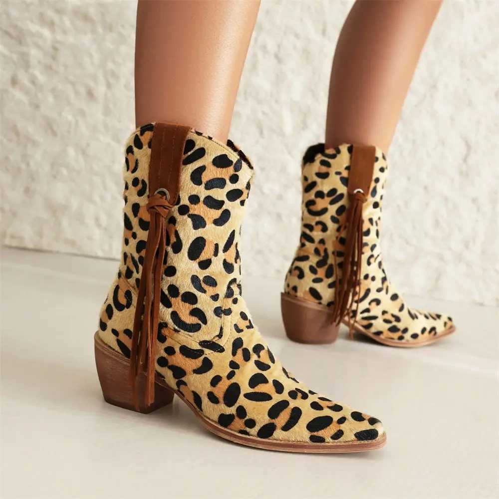 Brand new high-quality retro nodding horse head cowboy boots for women 2024 retro leopard block high heels and sneakers in large size 43 CL240906