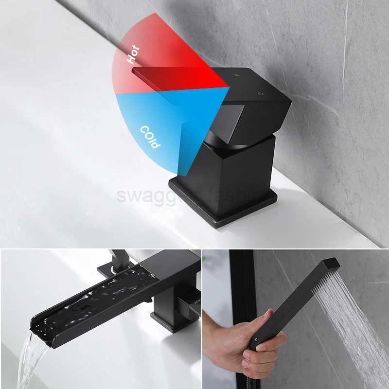 Bathtub Faucet Deck Mount 3PCS Waterfall Bathtub Faucet Single Handle Handheld Tub Mixer Taps Widespread Tub Sink TapXJ240803