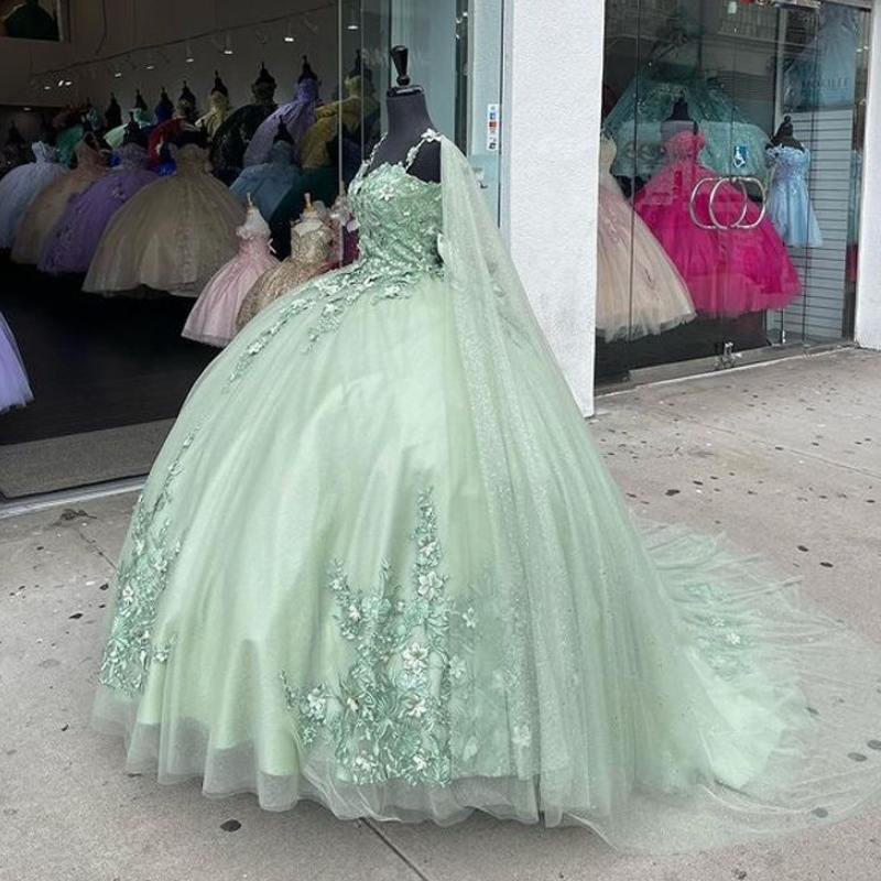 Sage Green Shiny Quinceanera With Cape Sweet 16 Dresses Ball Gown Applique Beads Tulle Birthday Gowns Vestidos 15 anos rosa