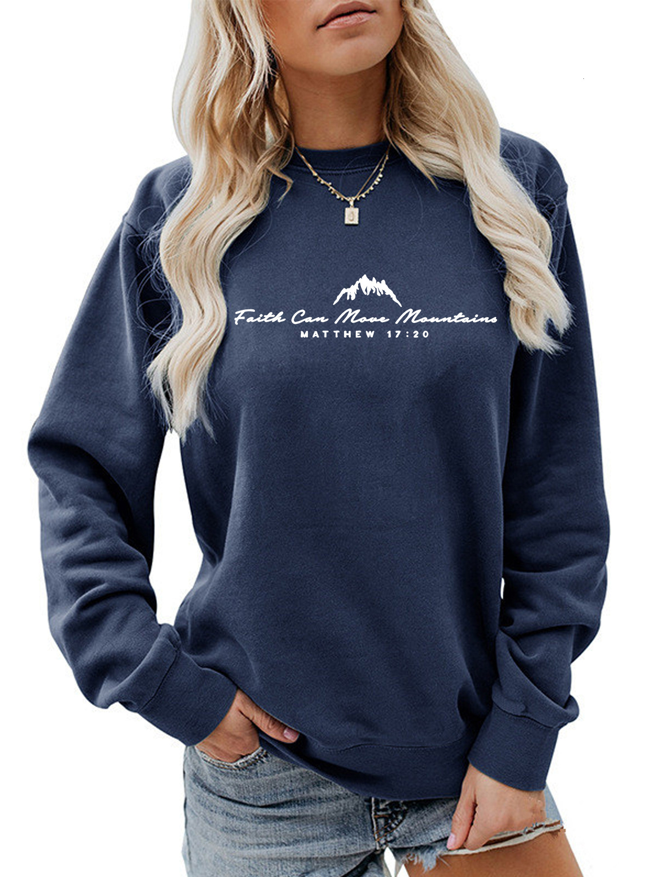 Autumn and winter women's back pocket collar plus veet round neck Faith Can Move Mountains printed sweatshirt
