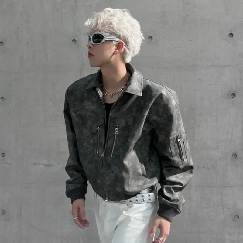 Mens Cropped PU Leather Jacket Fashion Turndown Collar Gradient Color Retro Coat Zipper Motorcycle Outwear Spring Pink y240826