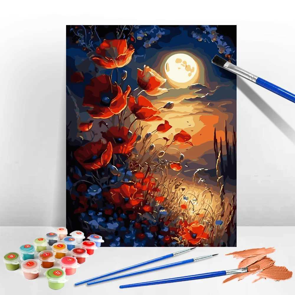 Huacan Coloring By Numbers Flower DIY Hobby Painting By Numbers Poppy Acrylic Paint On Canvas Moon Handmade GiftXJ240803