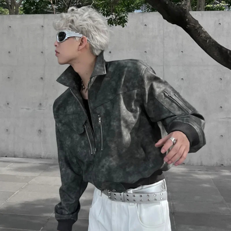 Mens Cropped PU Leather Jacket Fashion Turndown Collar Gradient Color Retro Coat Zipper Motorcycle Outwear Spring Pink y240826