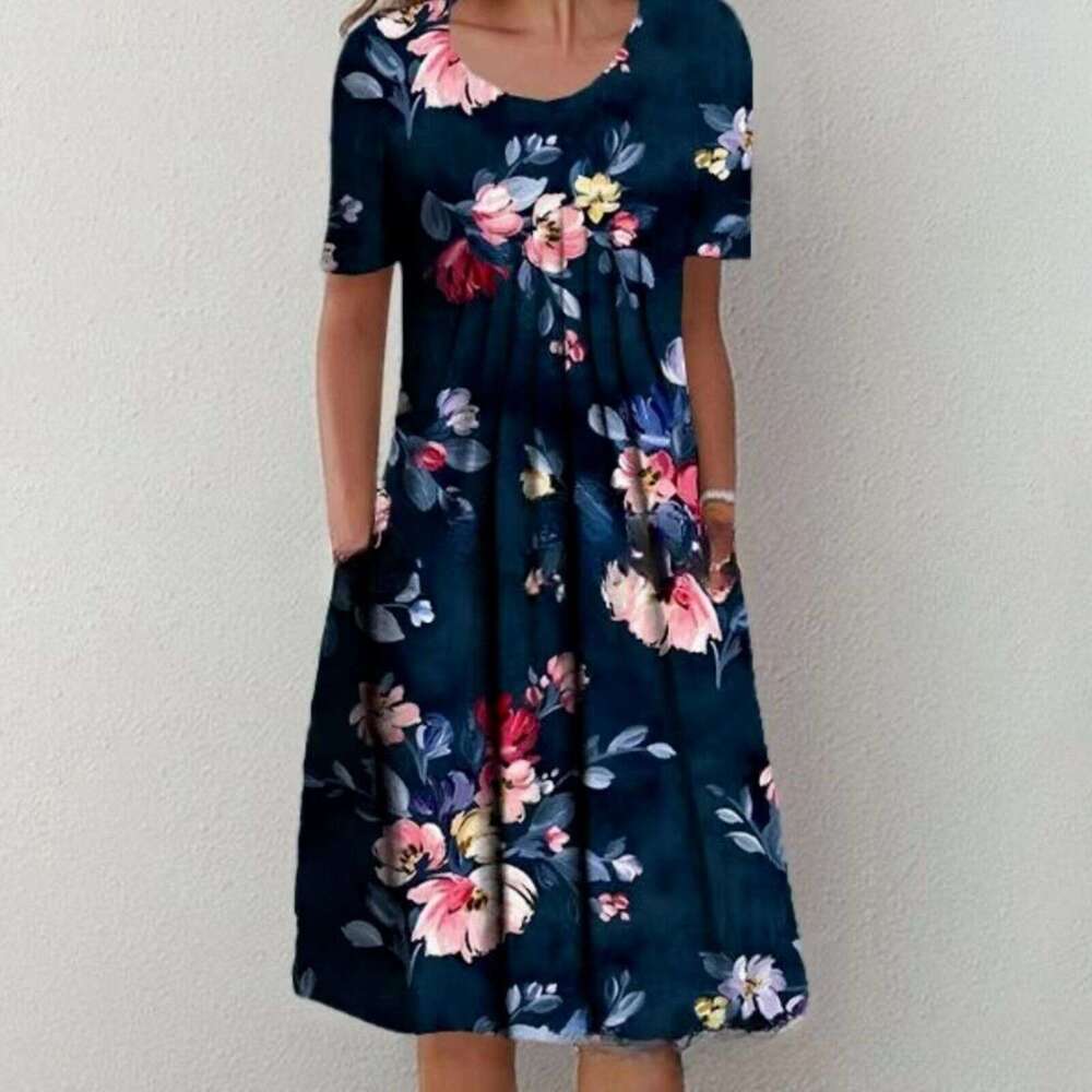 2024 Temu New Fashion Round Neck Short Sleeve Large Printed Long Dress Women Temperament Self-cultivation Bifurcated Loose BOHO DRESS High Waist Dress