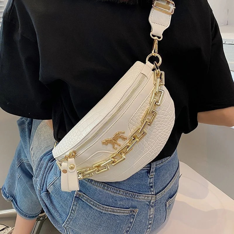 Korean Style Womens Waist Bag Thick Chain Fanny Pack Shoulder Black Crossbody Chest Bags Female Belt Bag PU Casual Shoulder Bag 240802
