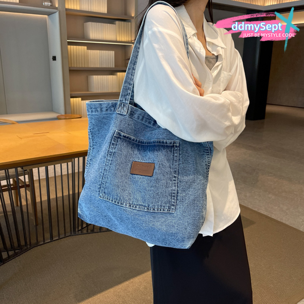 Women Shoulder Large Capacity Denim Tote Solid Color Clutch Simple Female Commuter Handbag Crossbody Bag H7.3#27 ddmySept