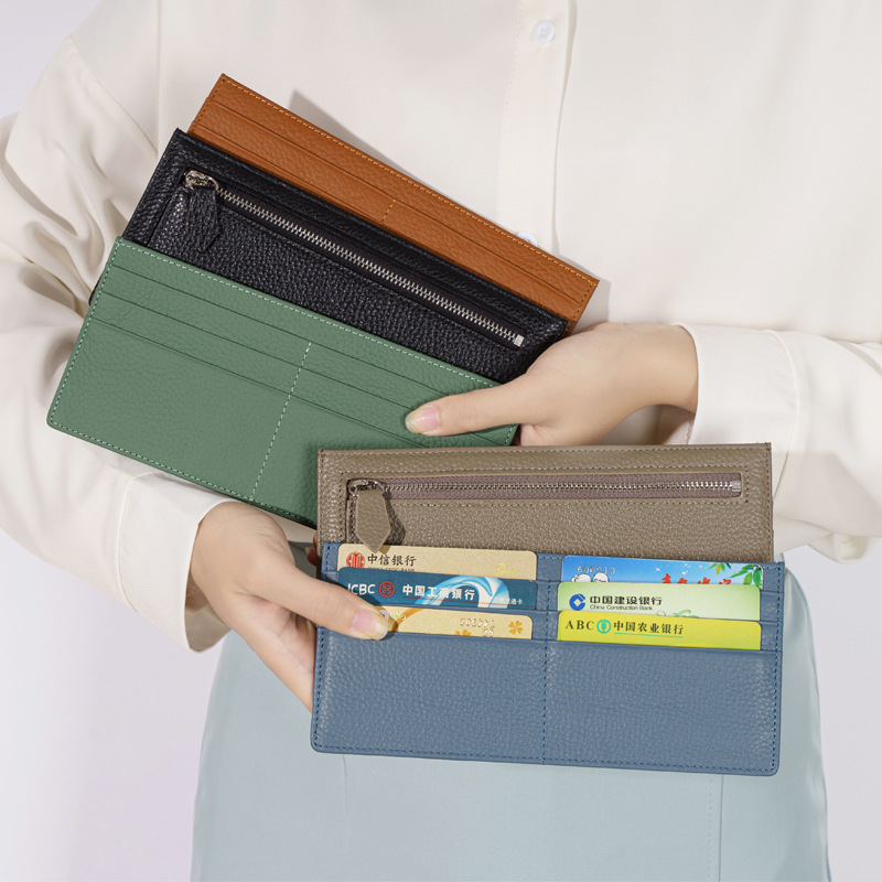 Genuine Leather Women Card Wallet Slim Flat Wallet Zip Purse Ultra Thin Leather Long Wallet Carteras Para Mujer Portfel Damski