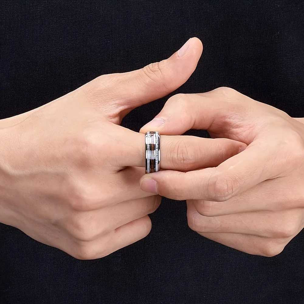 Fashion silver mens stainless steel ring Koa Wood Deer Antler inlaid dome engagement ring womens wedding jewelry W240802