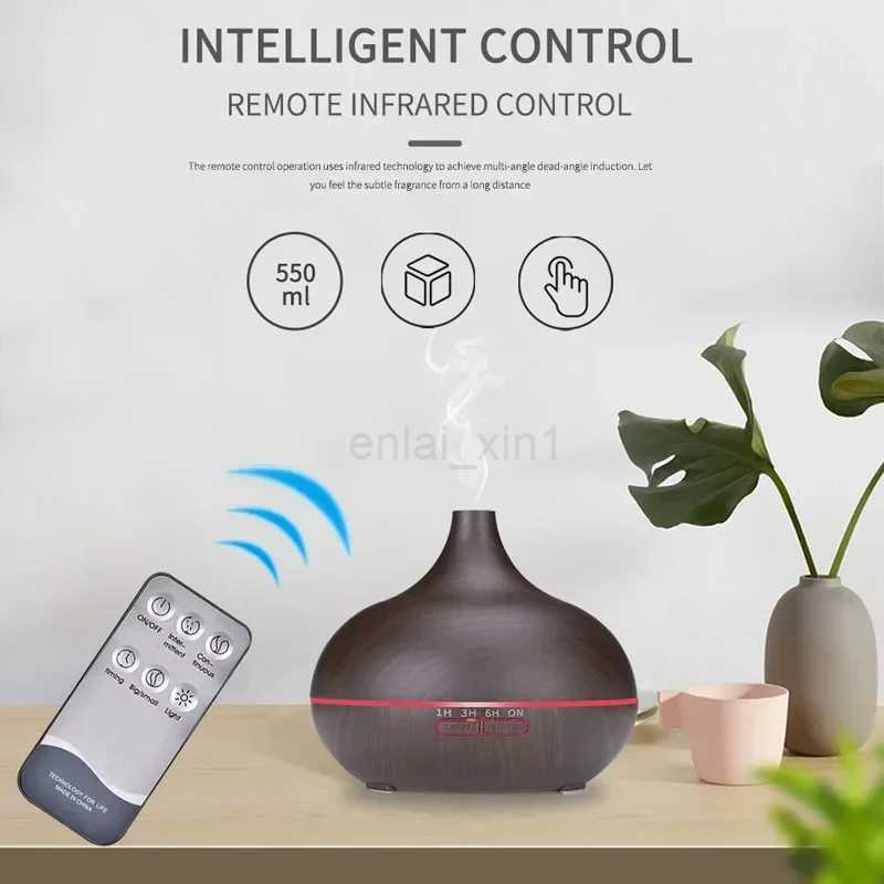 500ml Air Humidifier Aromatherapy Essential Oil Diffuser Wood Grain Ultrasonic Remote Control 7 Color Lights For Home Bedroom Y240806