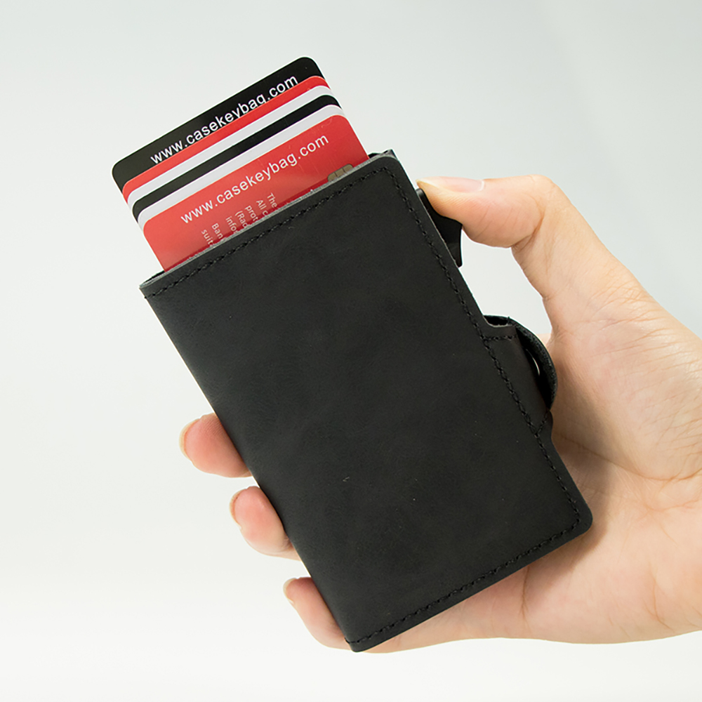 Casekey PU Carbon Fiber Leather Minimalist Wallet RFID Safe Auto-eject Metal Aluminum Pop Up Card Holder for Best Christmas Gift