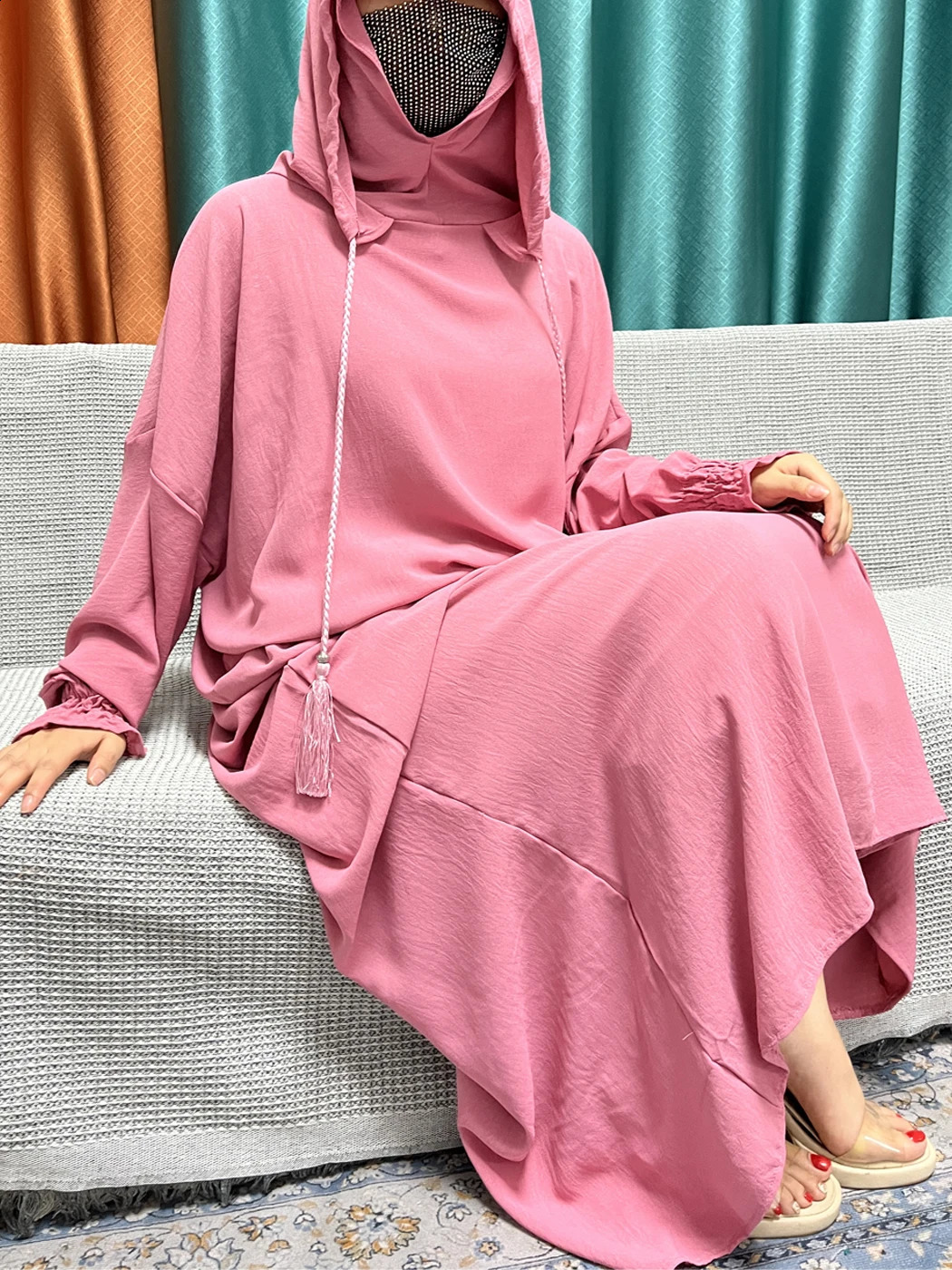 2024 Muslim Cotton Long sleeved Prayer Two piece Hooded Abayas For Women Solid Color Loose Femme Robe African Dubai Islam Dress 240802