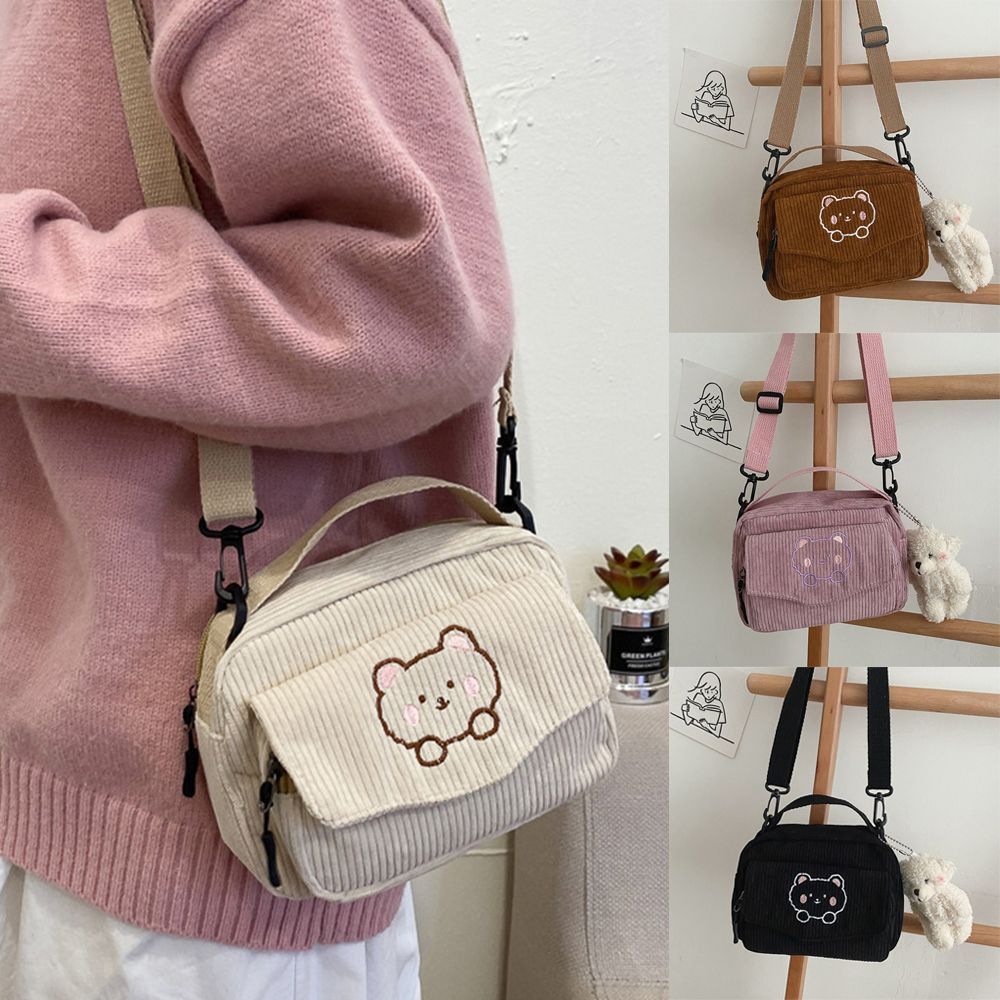 1PC Fashion Women Corduroy Cartoon Bear Print Shoulder Bags Student Tote Messenger Bag Portable Satchel Travel Handbags