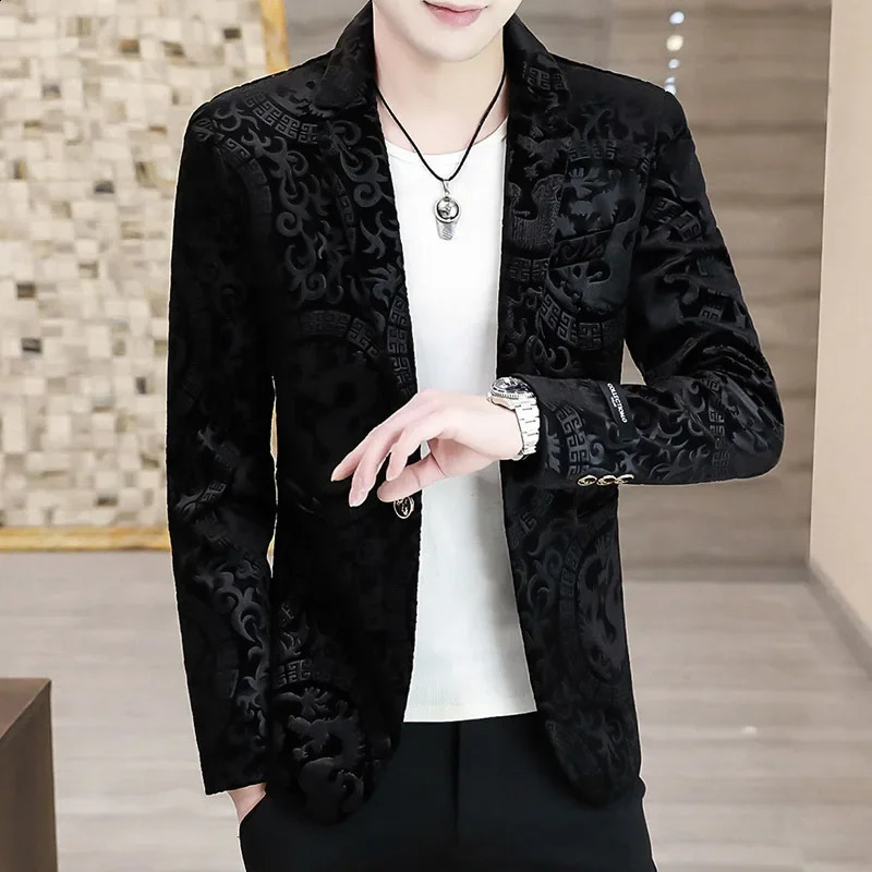 HOO Mens Gold Velvet Casual Slim Handsome Printed blazer 240802 - view 3
