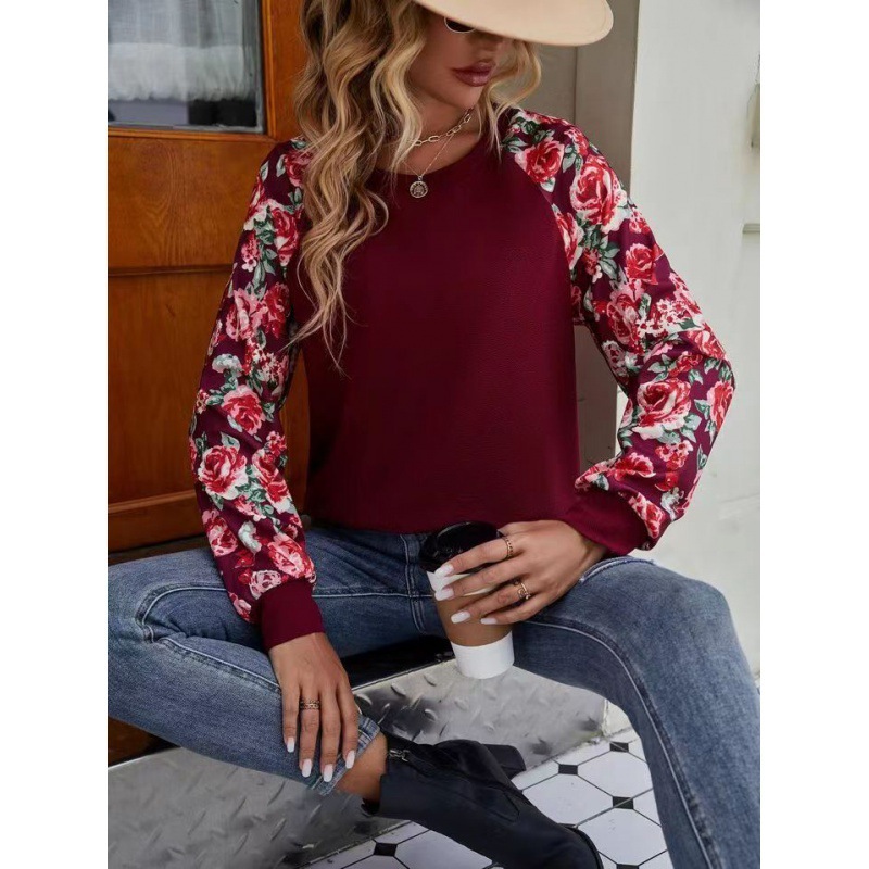 Autumn New Printed Splicing Fashion Versatile Casual Hoodie Round Neck Long Sleeve Women's Wear