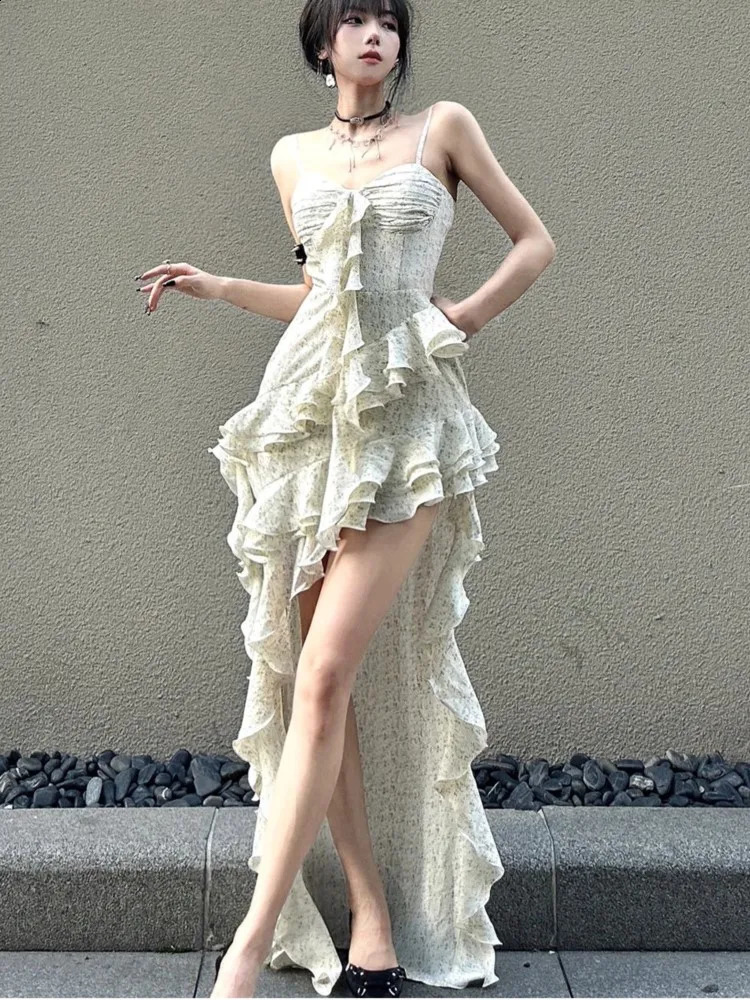 Y2k Spaghetti Strap Irregular Dress Women Layered Ruffles Slim Sexy Party Dress Spring Prom Robe Wedding Vestidos Mujer