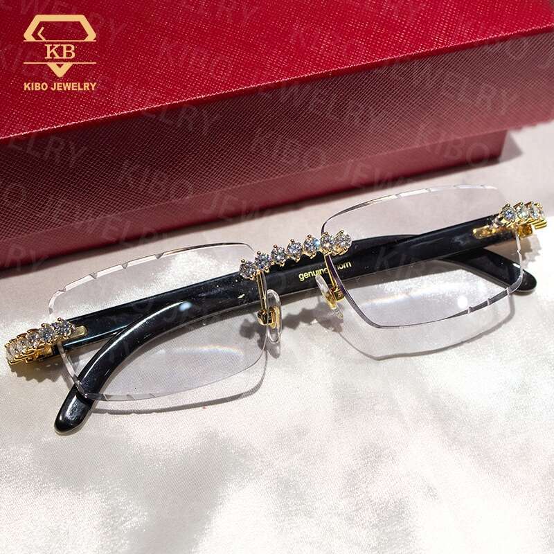 Pass Tester Buffalo Horn Cut Rimless Glasses VVS Moissanite Dia Iced Out Sunglasses For Men Women