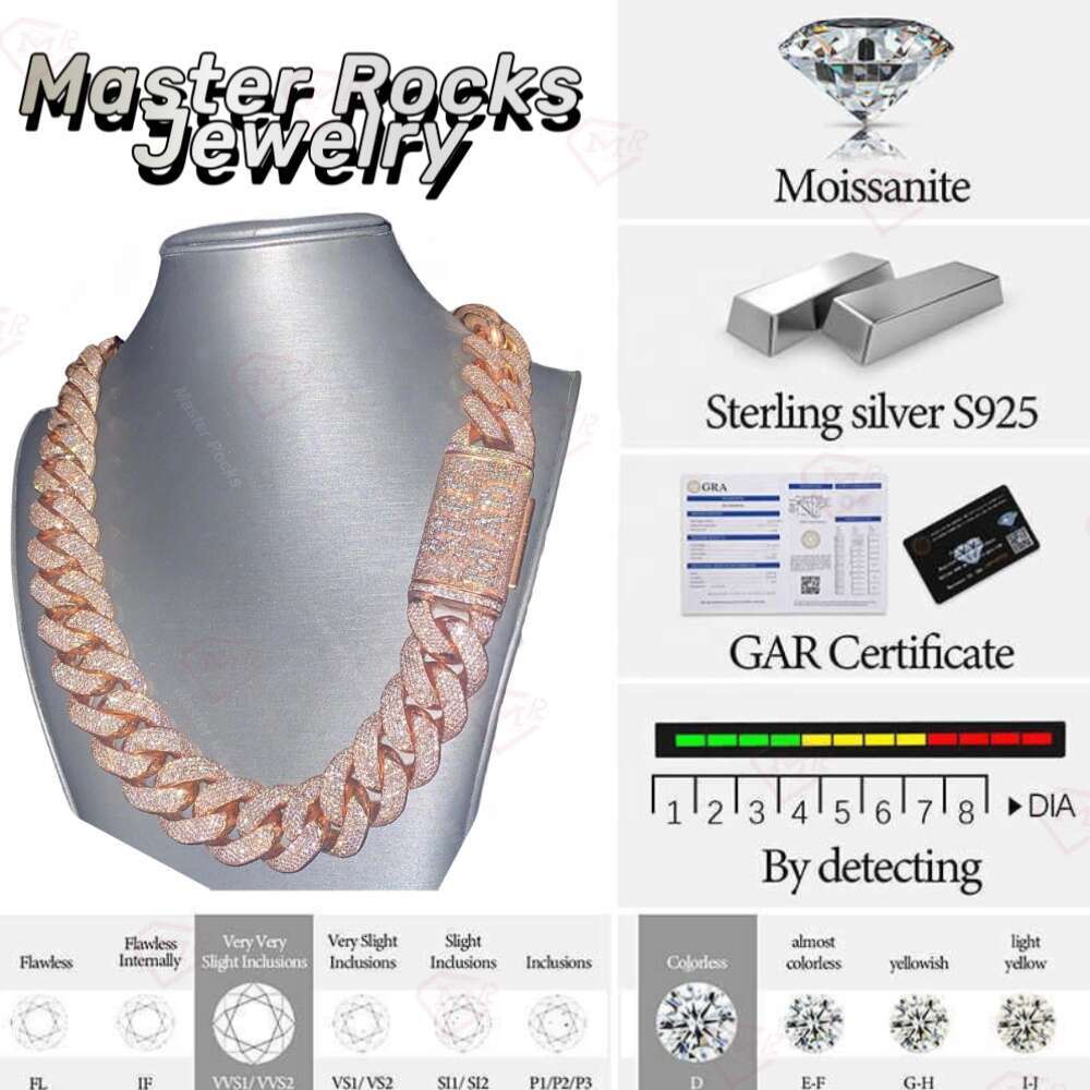 Rose Gold 20mm 5 Rows Vvs Diamonds Pass Tester Sterling Sier Miami Cuban Chain Moissanite