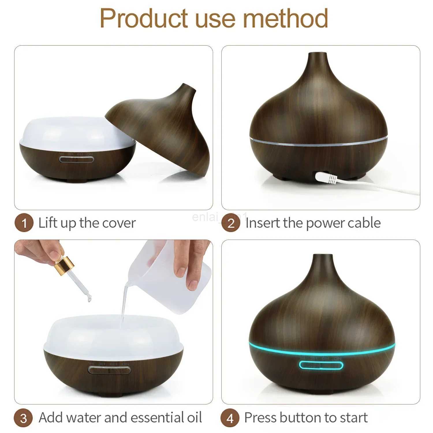 500ml Air Humidifier Aromatherapy Essential Oil Diffuser Wood Grain Ultrasonic Remote Control 7 Color Lights For Home Bedroom Y240806