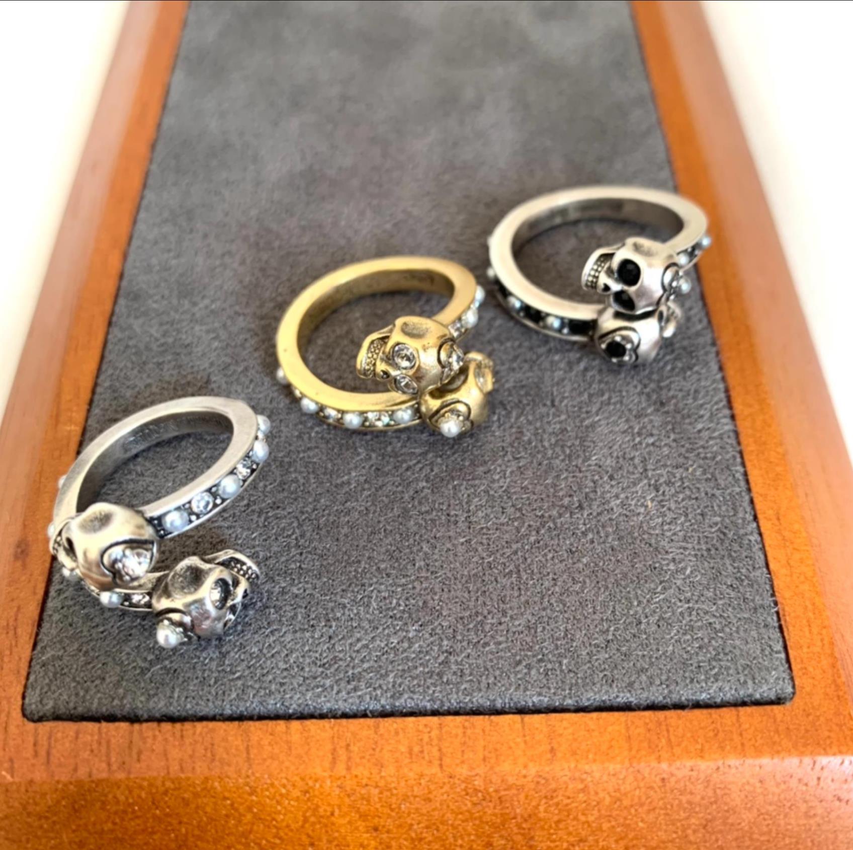 New style Gold/Silver chain With Stones pearl rings Skull Skeleton Charm Open Ring Women Men Party wedding lovers Punk Designer Jewelry Gifts R202433-R15