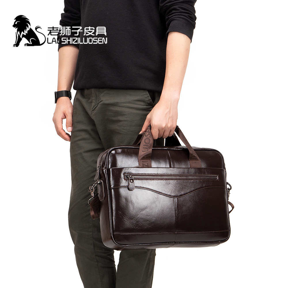 LAOSHIZI NEW Men's Briefcase Male Genuine Leather Men Bags Messenger Bag Leather Laptop Bag for Men Computer/ Document Bags