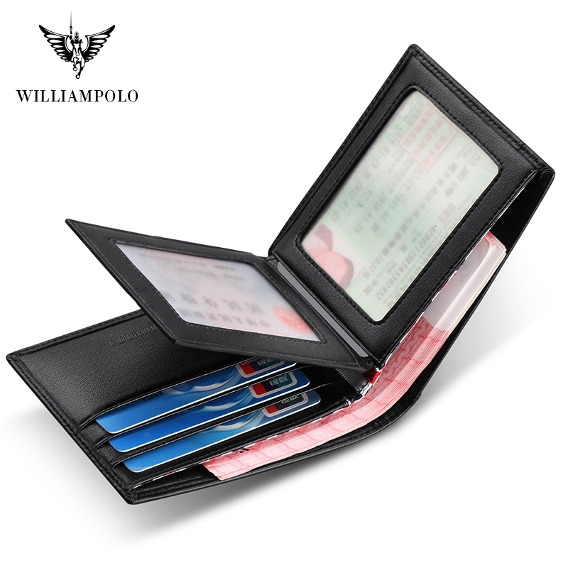 WILLIAMPOLO Men's Slim Wallet Genuine Leather Mini Purse Casual Design Wallet Fashion Brand Short Small Pouch Gift 181342