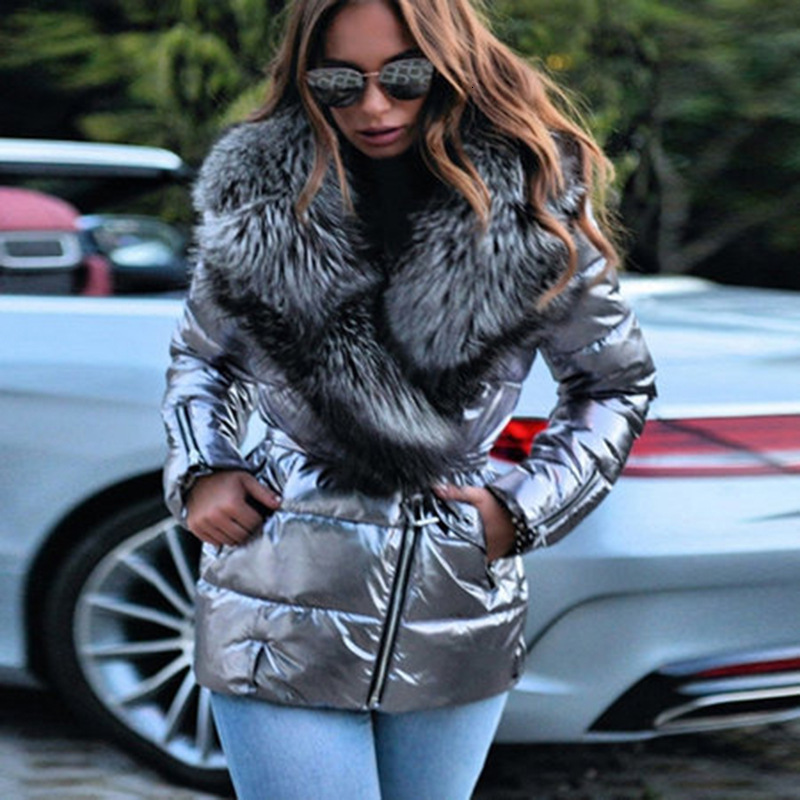 Autumn and Winter New Bright Face Large Fur Neck Short Long sleeved Down Cotton Coat for Women H83#77