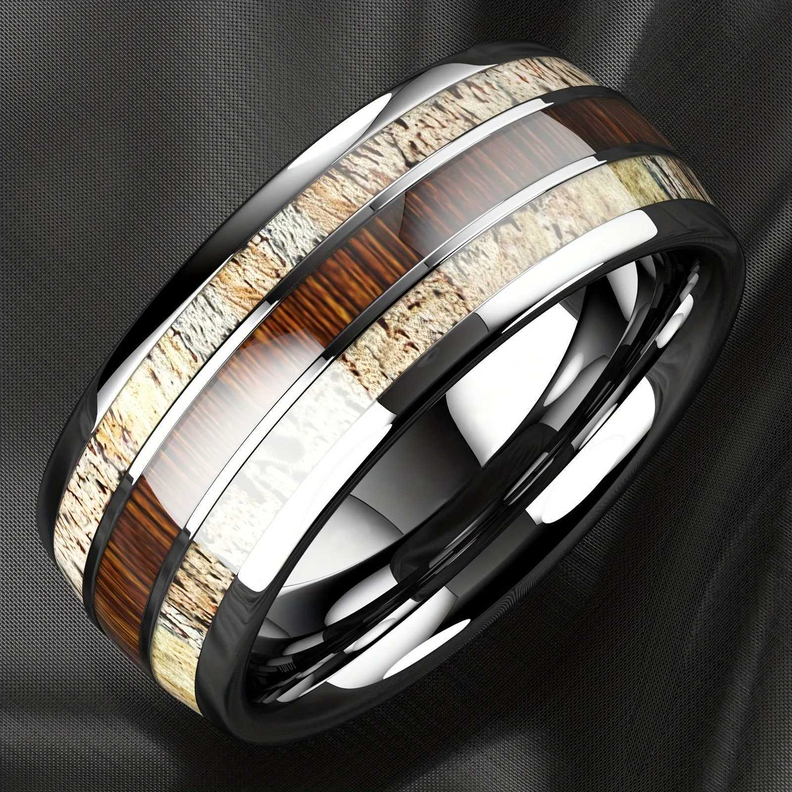 Fashion silver mens stainless steel ring Koa Wood Deer Antler inlaid dome engagement ring womens wedding jewelry W240802