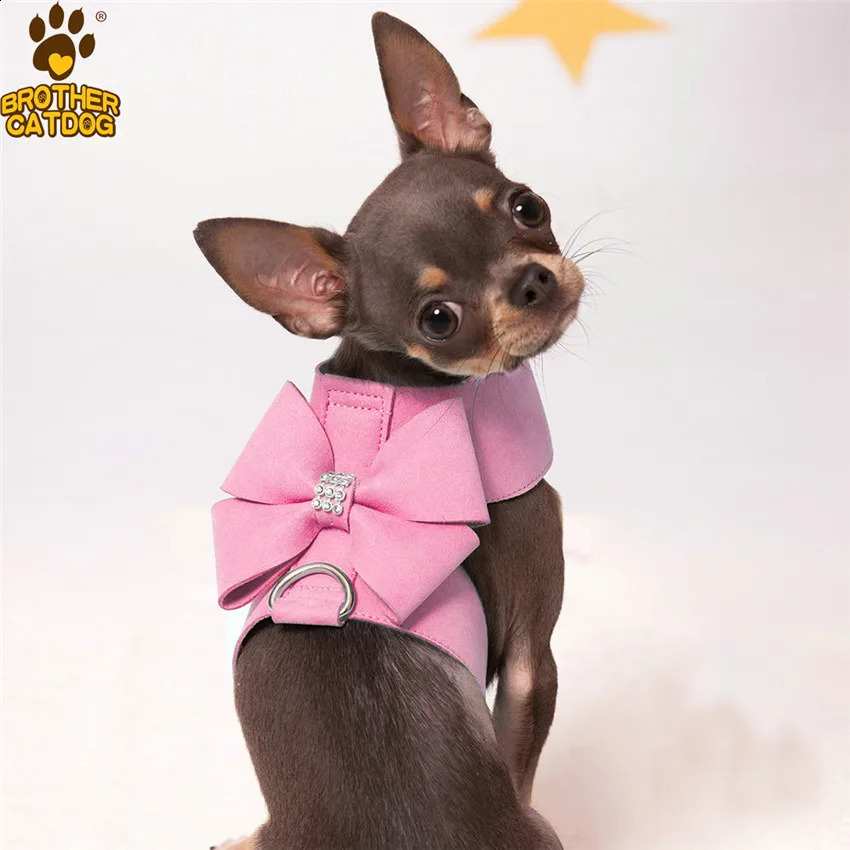Small Dog Harness Leash Collar Soft Suede Leather Dog Harness for Puppies Chihuahua Yorkie Cute Pet Harness with Leash Bow XL 240802