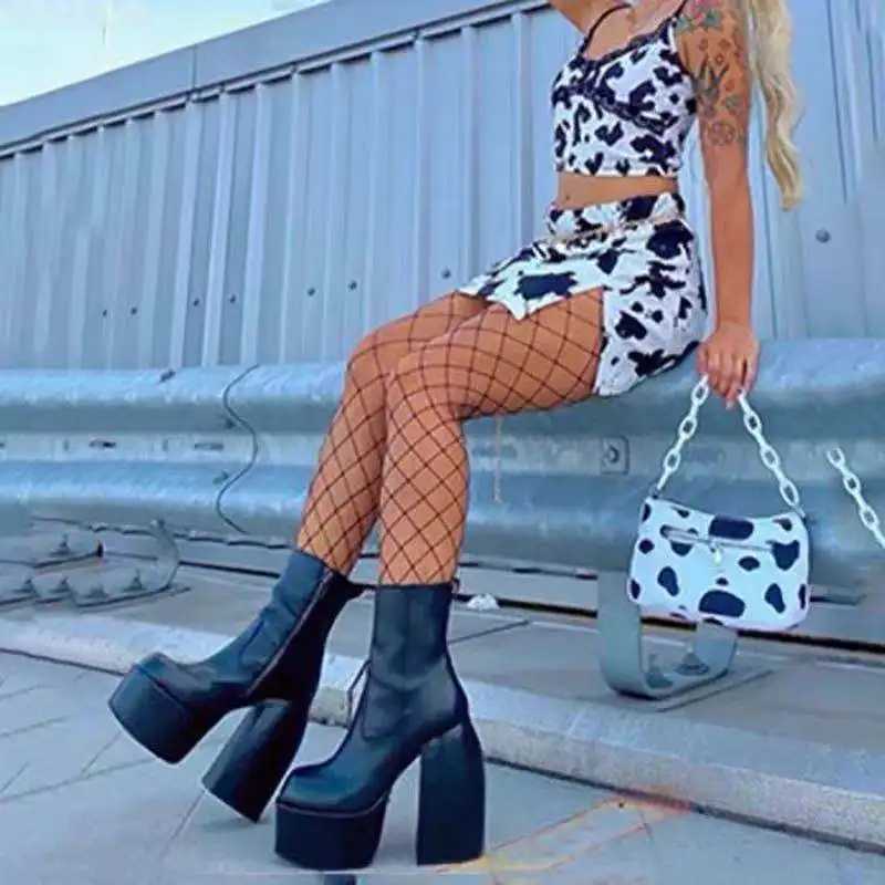 High Quality Punk style platform boots elastic ultra-fine fiber shoes Wan Sp Ankle boots high H black thick platform Lg knee high boots T241206