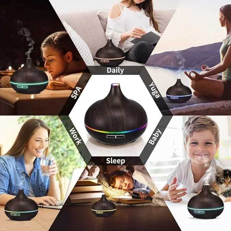 500ml Air Humidifier Aromatherapy Essential Oil Diffuser Wood Grain Ultrasonic Remote Control 7 Color Lights For Home Bedroom Y240806