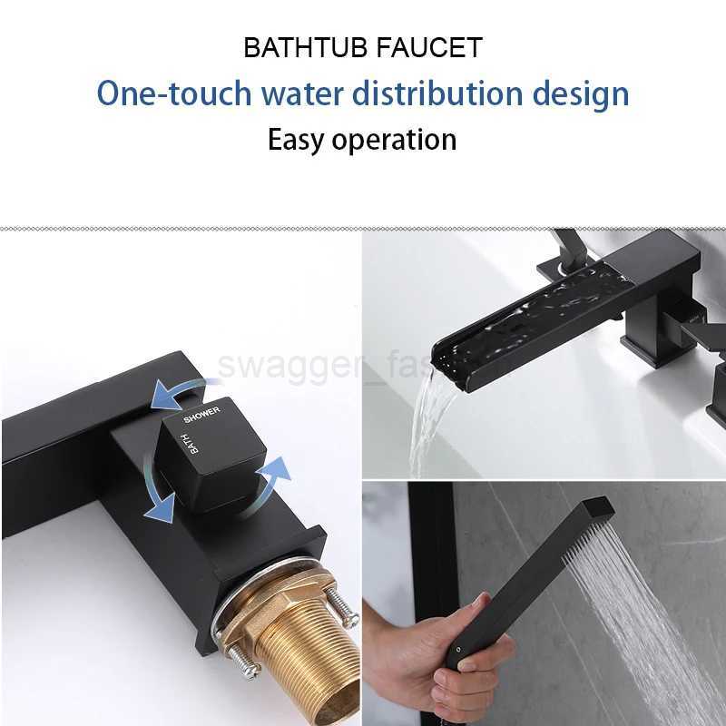Bathtub Faucet Deck Mount 3PCS Waterfall Bathtub Faucet Single Handle Handheld Tub Mixer Taps Widespread Tub Sink TapXJ240803