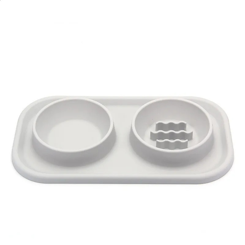 Pet Supplies Silicone Cat Anti-knockover Slow Food Plate Stainless Steel Small And Medium-sized Dog Double Bowl 240802 26W0330