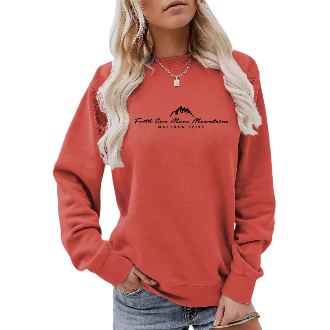 Autumn and winter women's back pocket collar plus veet round neck Faith Can Move Mountains printed sweatshirt