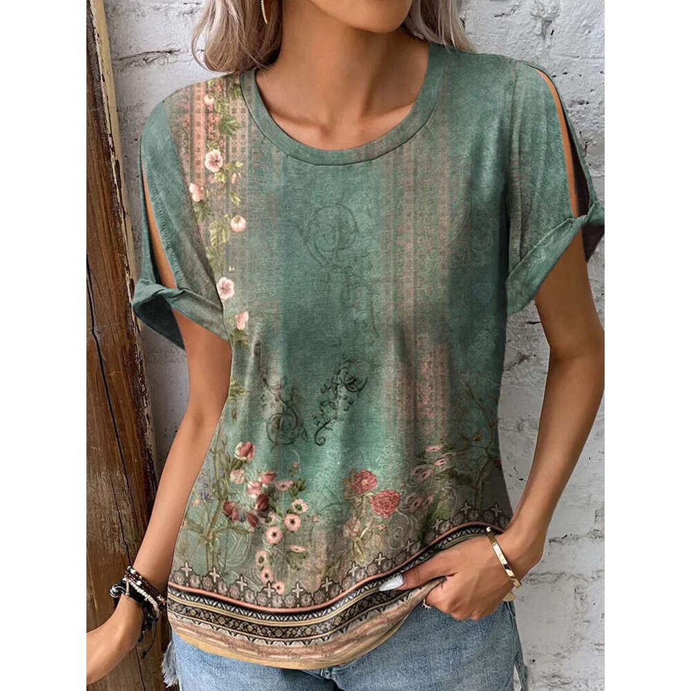 New Merchandise Summer Short-sleeved Harajuku Print Vintage O-neck Crop Tops O Neck Women Short Round Neck Sleeveless Solid Turtleneck Graphic T Shirt