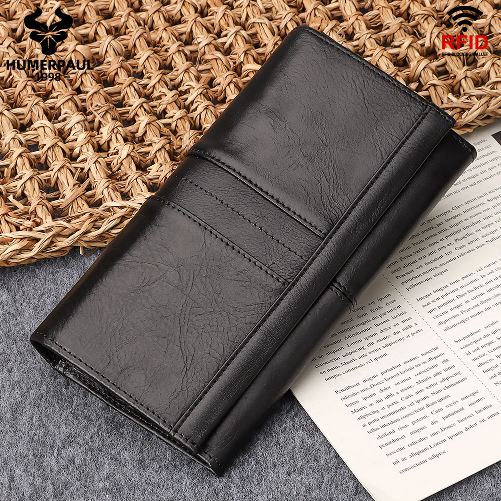 Genuine Leather Men Wallet Long Clutch Bag Fashion Purse Phone Pocket For Women Credit Card Holder With Rfid Blocking Function