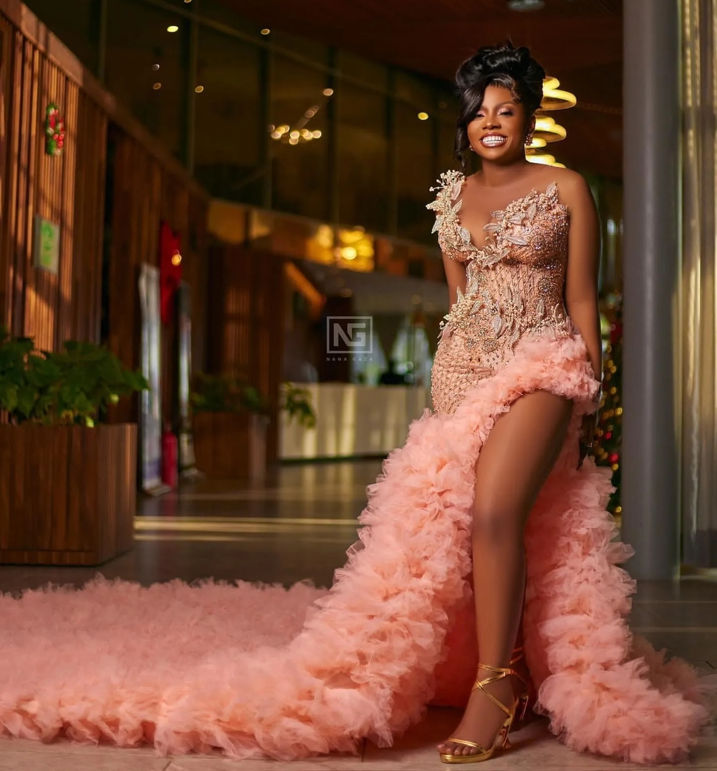Pink Aso Ebi Mermaid Sheer Slit Pearls Prom Dresses Ruffled Formal Party Second Reception Birthday Engagement Evening Gowns Dresses Robe De Soiree