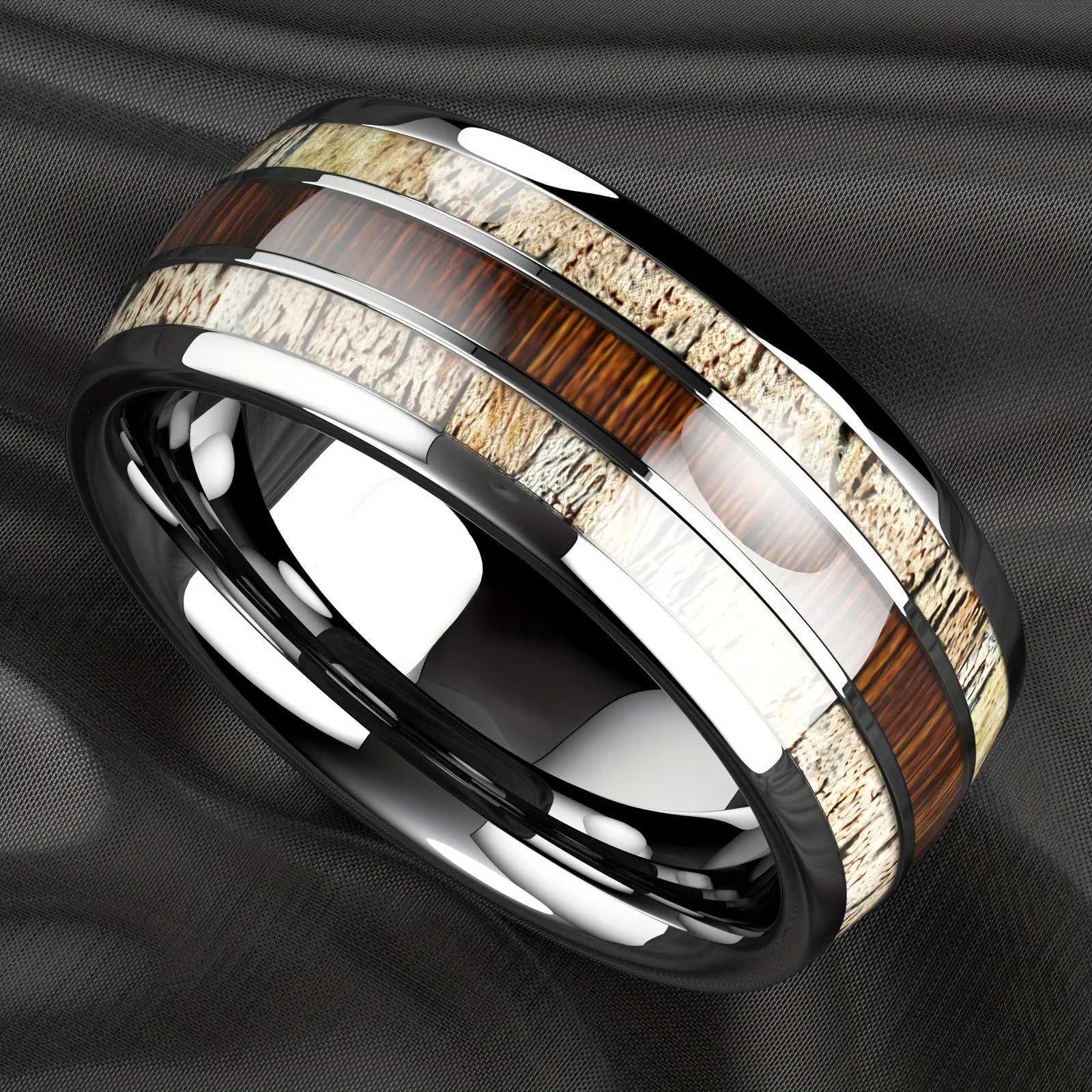 Fashion silver mens stainless steel ring Koa Wood Deer Antler inlaid dome engagement ring womens wedding jewelry W240802