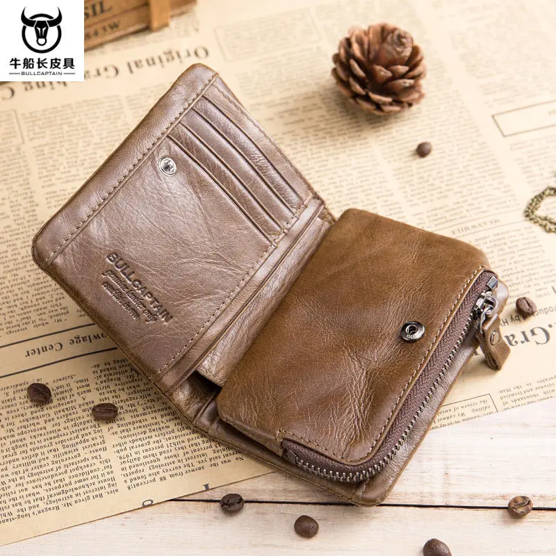 BULLCAPTAIN 2025 MEN Coffee Cow Leather Wallet Coin Pocket Money Purse Bag Card Holder Short Trifold Hasp Zipper Wallet
