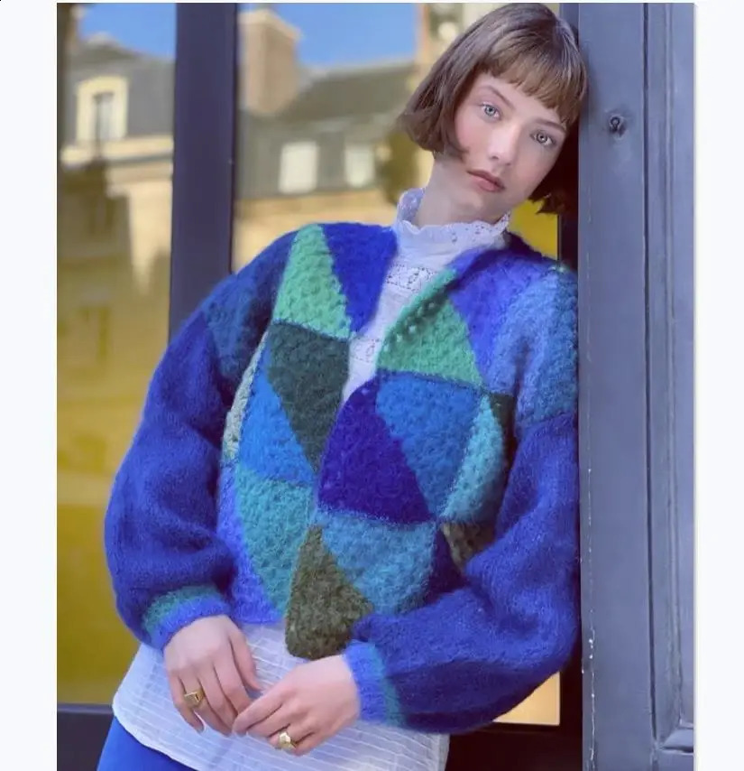 Vintage Contrast Stripe Cropped Cardigan Lantern Sleeve Loose Rainbow Knitted Tops Coat Women Fashion Sweater Street Wear 240802