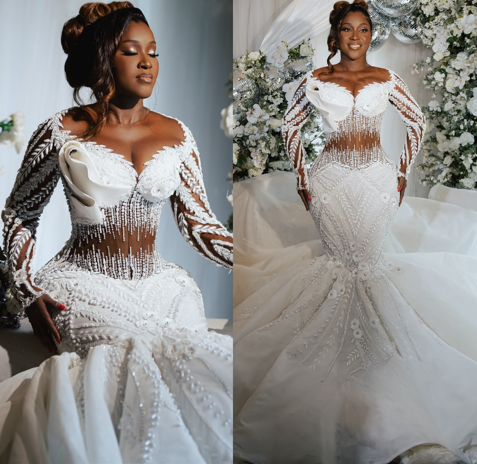 2024 Arabic Aso Ebi Plus Size White Mermaid Wedding Dresses Lacefull Pearls Full Sleeves Luxurious Bridal Gowns Dress ZJ056