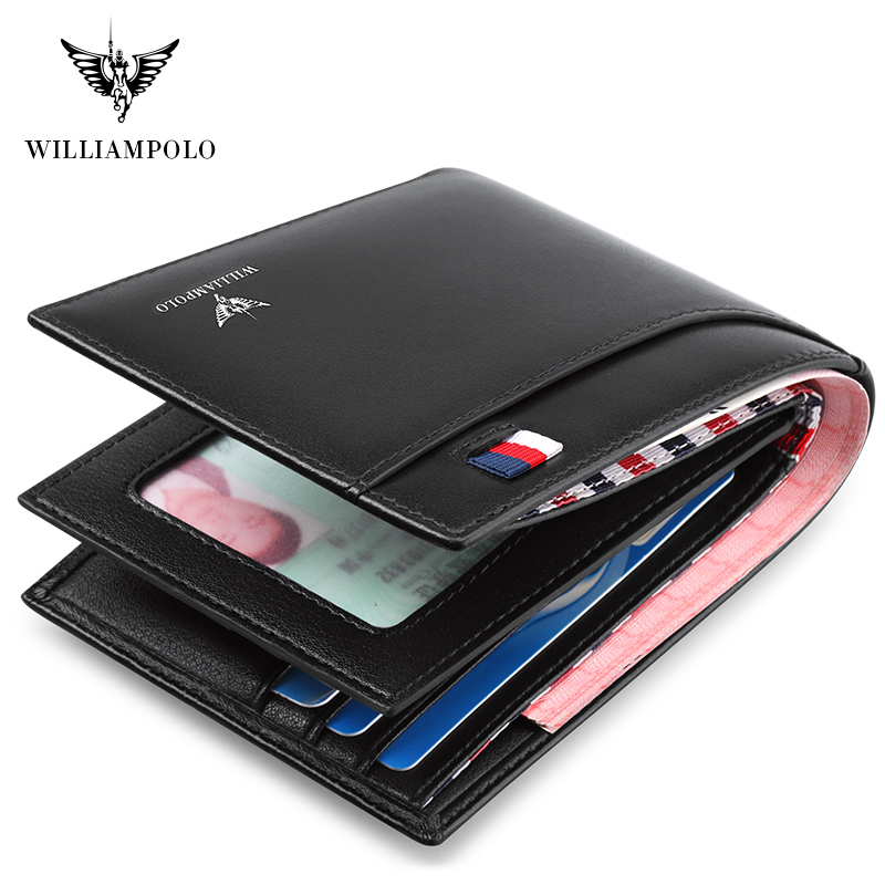 WILLIAMPOLO Men's Slim Wallet Genuine Leather Mini Purse Casual Design Wallet Fashion Brand Short Small Pouch Gift 181342