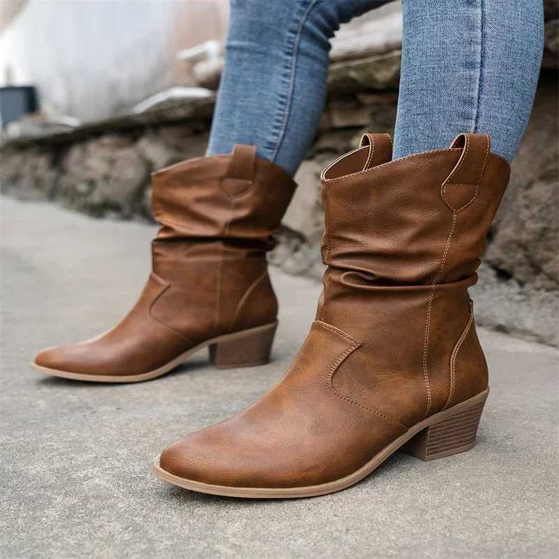 Womens Western style denim boots womens Plested ankle boots Pu leather shoes autumn boots womens boots womens Plus size 42 CL240907