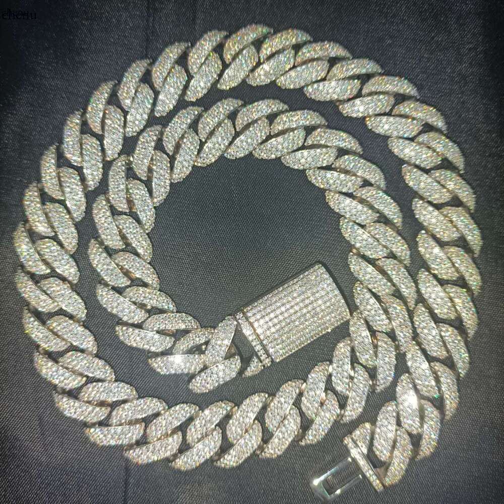 Customized 14mm 3 rows Sterling Sier S Hiphop vvs moissanite cuban link chain necklace