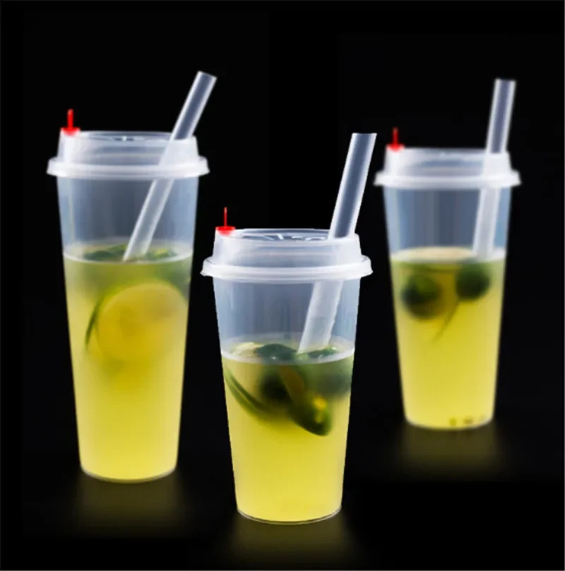 100 disposable transparent plastic cups cold drinks travel coffee juice tea with straw smooth PVC lids 240802