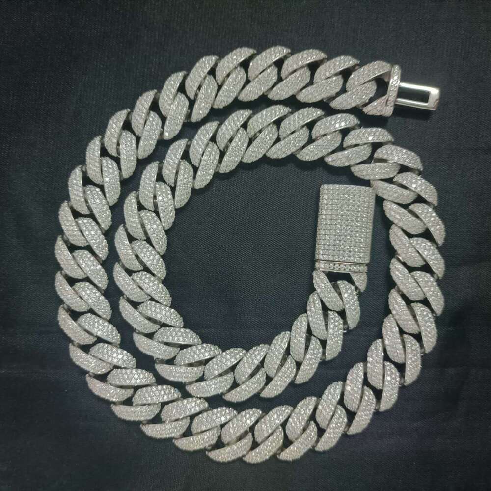 Customized 14mm 3 rows Sterling Sier S Hiphop vvs moissanite cuban link chain necklace