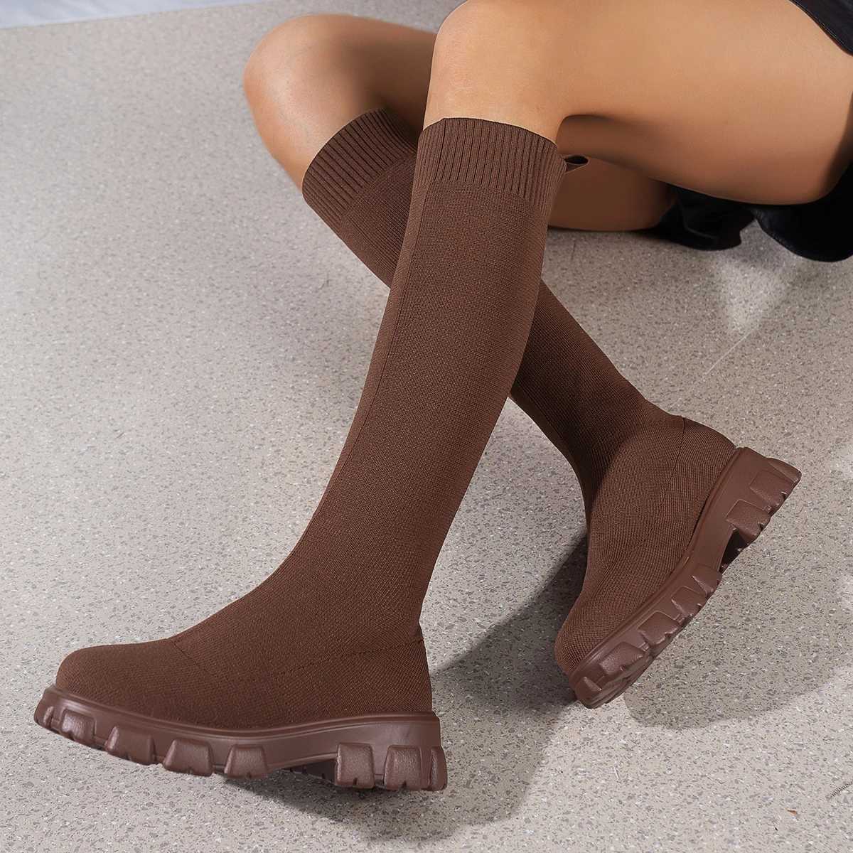 High Quality Winter and Autumn Knee Platform Boots Wen Street Knitted Socks Lg Boots Smooth Slim Fit High H Botas T241206