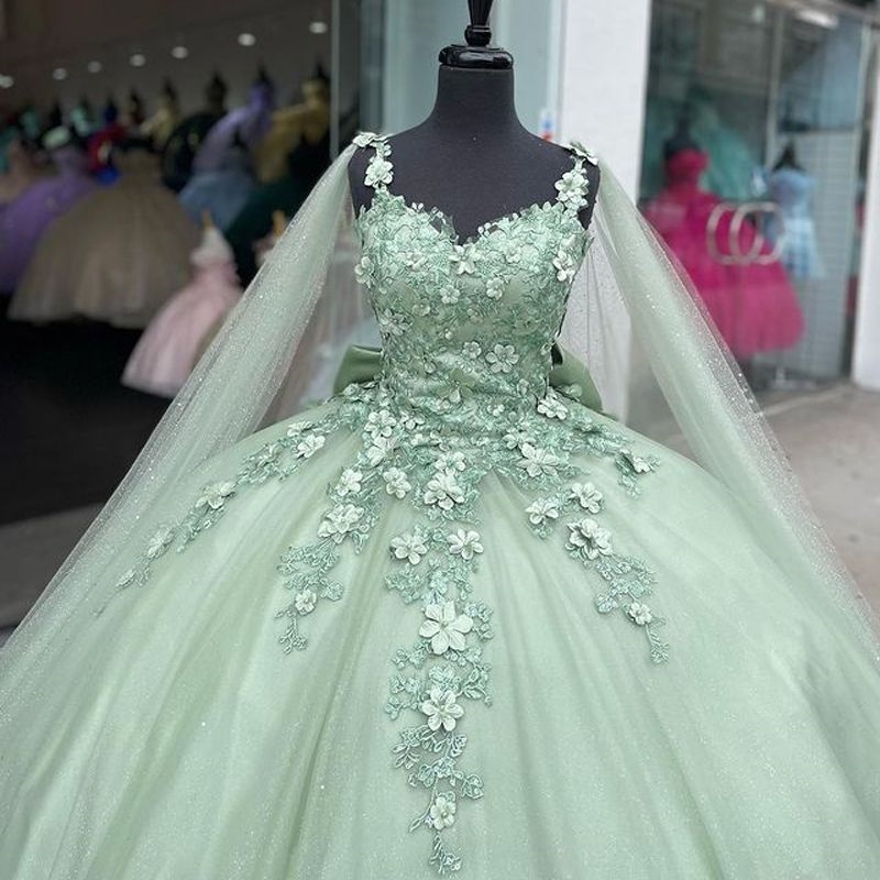 Sage Green Shiny Quinceanera With Cape Sweet 16 Dresses Ball Gown Applique Beads Tulle Birthday Gowns Vestidos 15 anos rosa