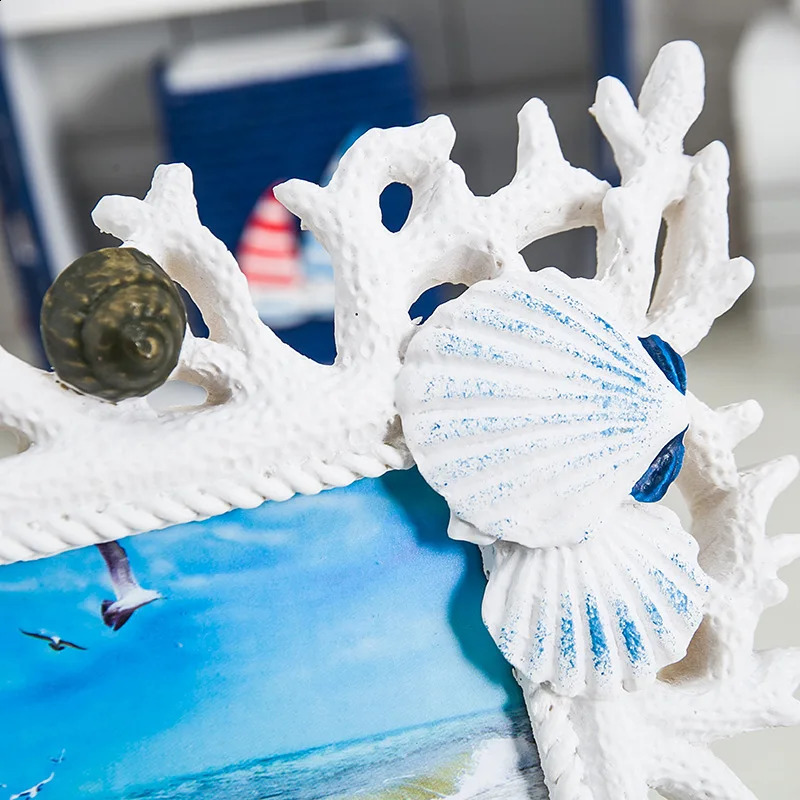 6in Mediterranean Coral Shell Resin Creative Wedding Po Stand Table Ornament Picture Frame Gifts Home Decor 240802 H260306