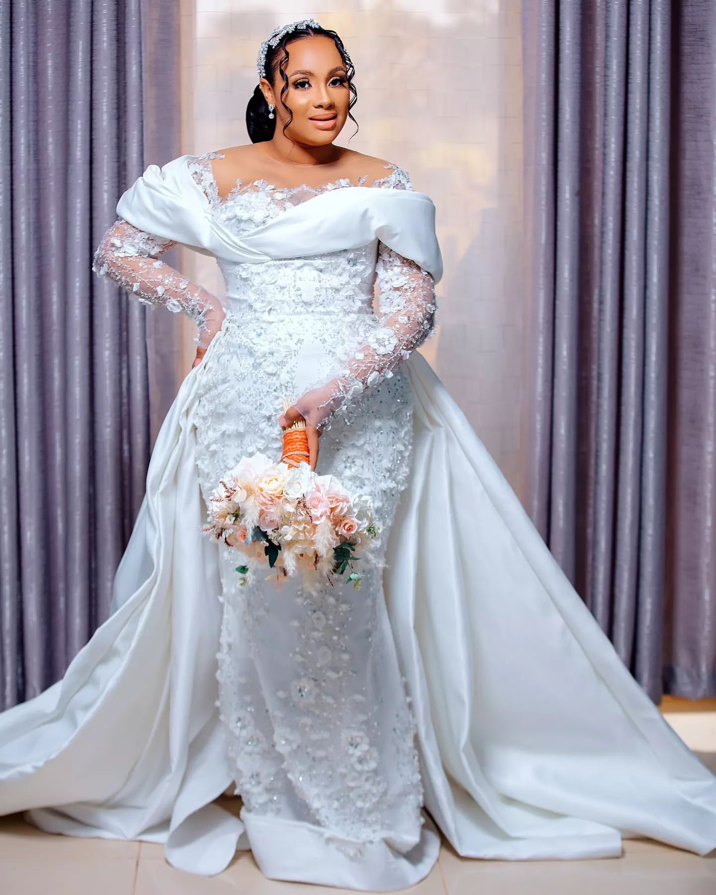 2024 Arabic Aso Ebi Plus Size Ivory Mermaid Wedding Dresses Floral Lace Full Sleeves Detachable Train Bridal Gowns Dress ZJ354