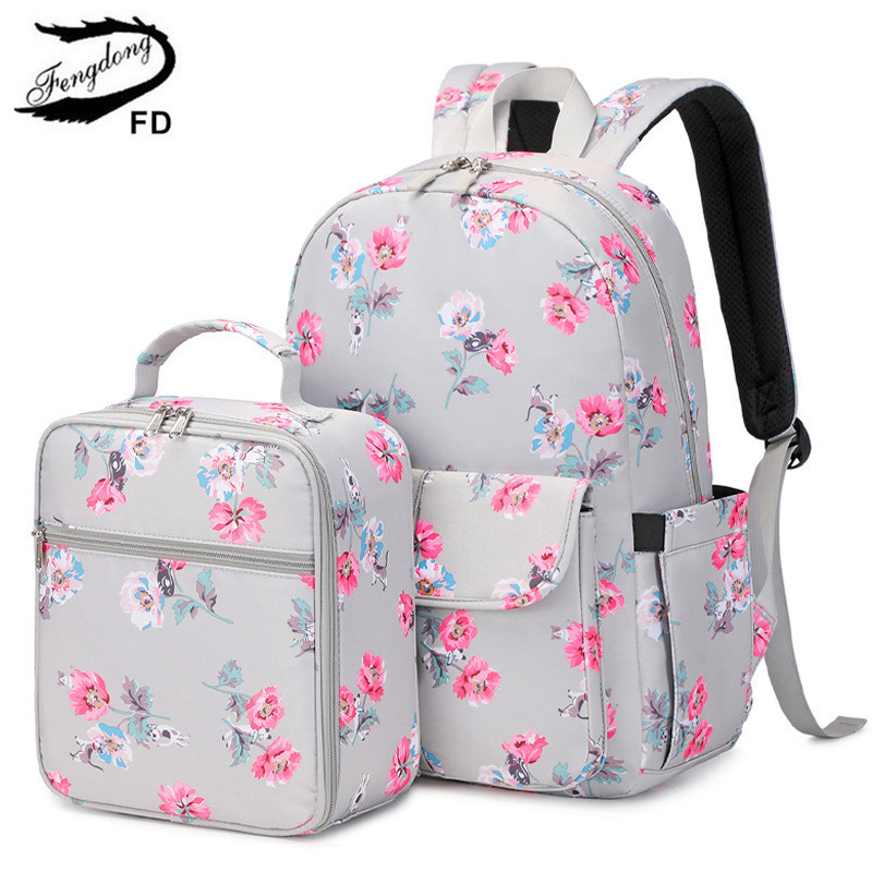 Fengdong 2pcs/set girls flower backpack school bag girl bookbag thermal lunch bag pink and grey floral school backpack for girls